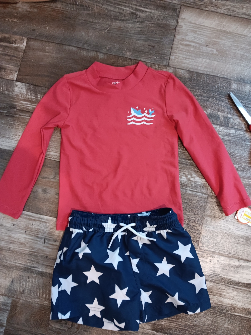Carter's Red Long-Sleeve Rashguard with Navy Star Swim Shorts Set Size 3T